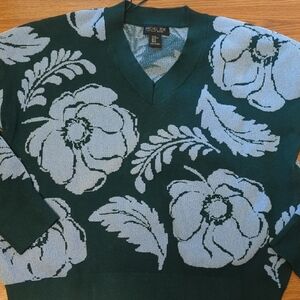 Rachel Zoe Dark Green and Light Gray Floral V-Neck Sweater